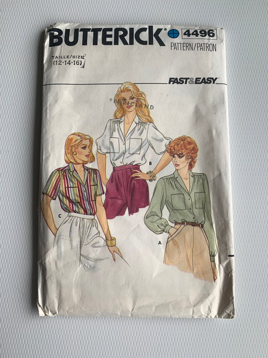 Butterick Sewing Pattern 4496 Misses' Blouse, Loose-Fitting, Short/Long Sleeves, Button Front, Pocket, Size 12-16, Uncut, Vintage 1970