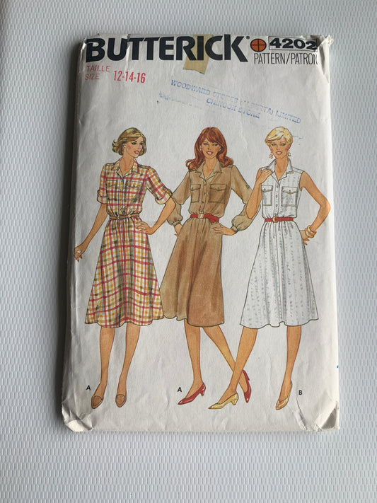 Butterick Sewing Pattern 4202 Misses' Dress, Loose-Fitting, Long/Short Sleeves,Button Front, Pockets, Size 12-16, Uncut, Vintage 1980