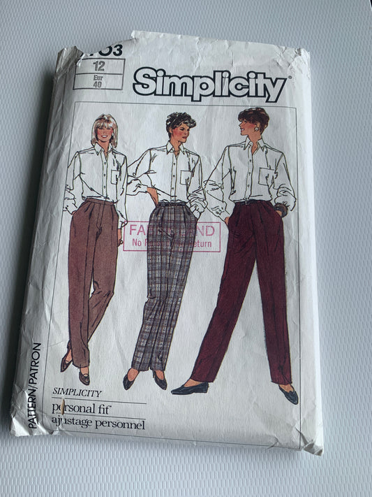 Simplicity Sewing Pattern 7703 Misses' Pants, Fly Zipper, Pockets, Size 12, Uncut, Vintage 1986