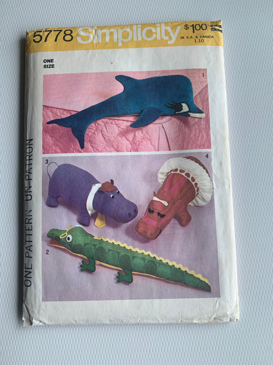 Simplicity Sewing Pattern 5778 Stuffed Animals, Dolphin, Alligator, Hippo, Uncut, Vintage 1975