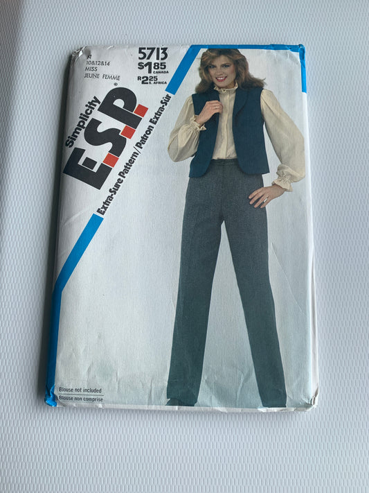 Simplicity Sewing Pattern 5713 Misses' Pants, Unlined Vest, Zipper, Size 10-14, Uncut, Vintage 1982
