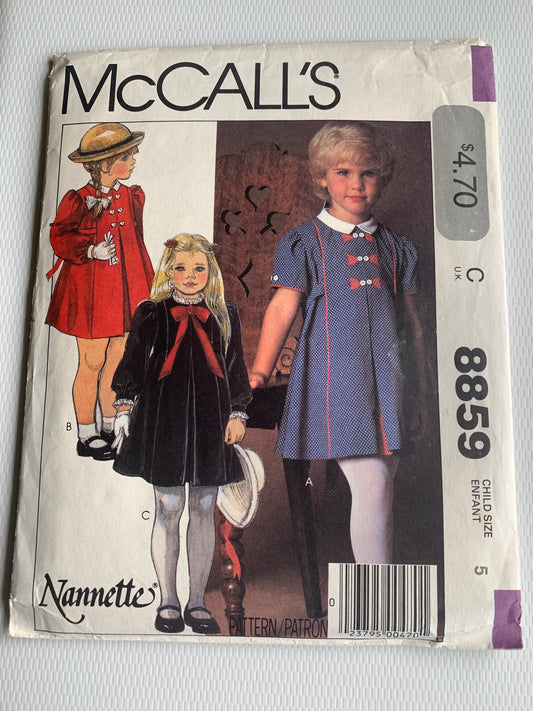 McCall's Sewing Patterns 8859 Girls' Dress, Princess Seams, Long/Short Sleeves, Appliques, Size 5, Uncut, Vintage 1996