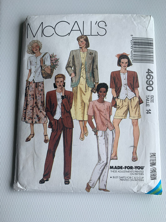 McCall's Sewing Pattern 4690 Misses' Unlined Jacket, Top, Pants, Shorts, Skirt, Long/Short Sleeves, Pockets, Size 14, Uncut, Vintage 1990