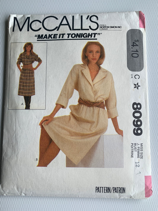 McCall's Sewing Pattern 8099 Misses' Dress, Two Lengths, Long Sleeves, Belt, Elastic Waist, Size12, Uncut, Vintage 1982