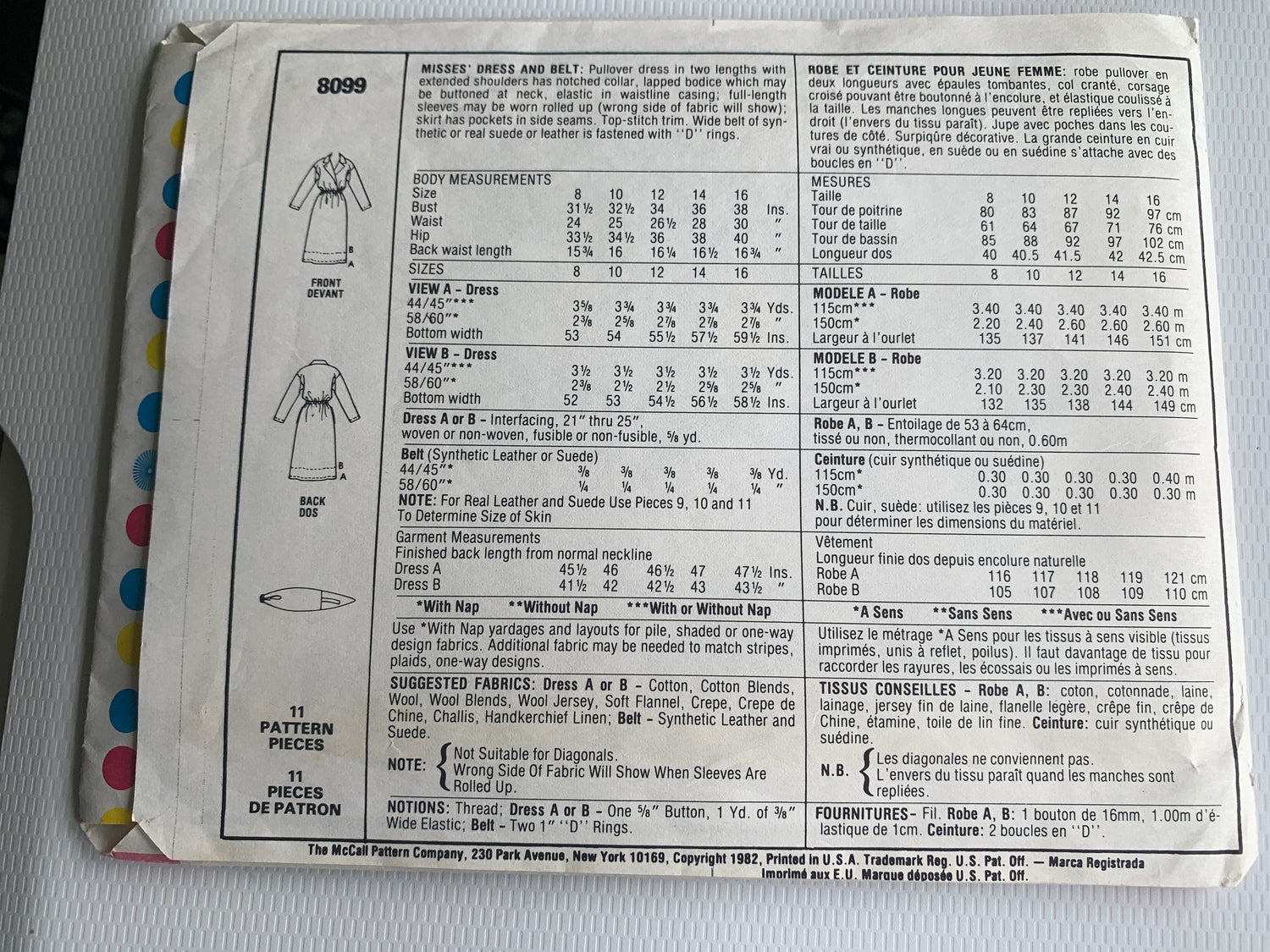 McCall's Sewing Pattern 8099 Misses' Dress, Two Lengths, Long Sleeves, Belt, Elastic Waist, Size12, Uncut, Vintage 1982