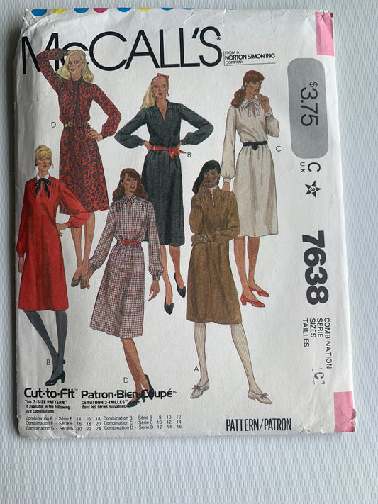 McCall's Sewing Pattern 7638 Misses' Dresses, 6 Variations, Pullover, Collar, Long Sleeves, Size 10-14, Uncut, Vintage 1981