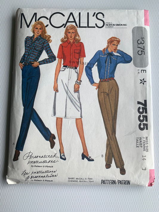 McCall's Sewing Pattern 7555 Misses' Pants, Skirt, Jeans, Zipper Fly, Pockets, Size 14, Uncut, Vintage 1981