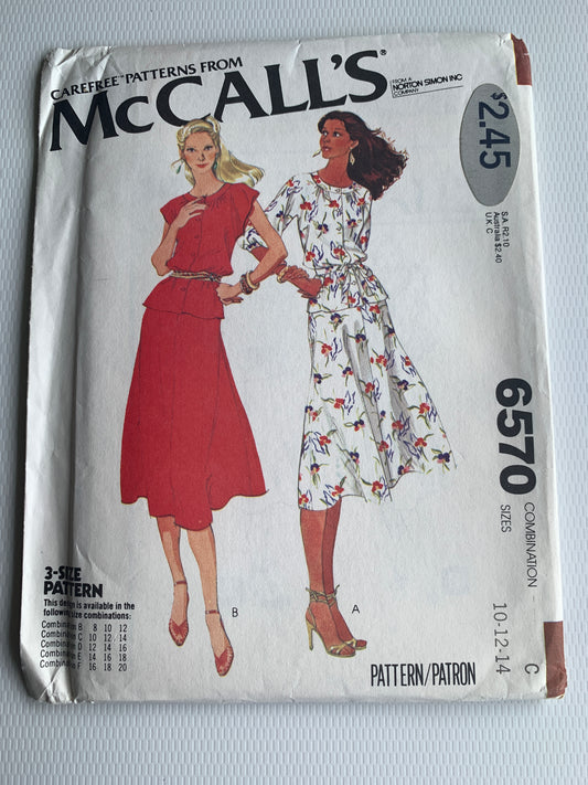 McCall's Sewing Pattern 6570 Misses' Blouse, Skirt, Belt, Kimono Sleeves, Zipper Back, Size 10-14, Uncut, Vintage 1979