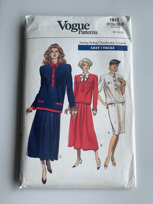 Vogue Sewing Pattern 7611 Misses'/Misses' Petite, Top, Skirt, Loose-Fitting, Pullover, Size 12-16, Uncut, Vintage 1989