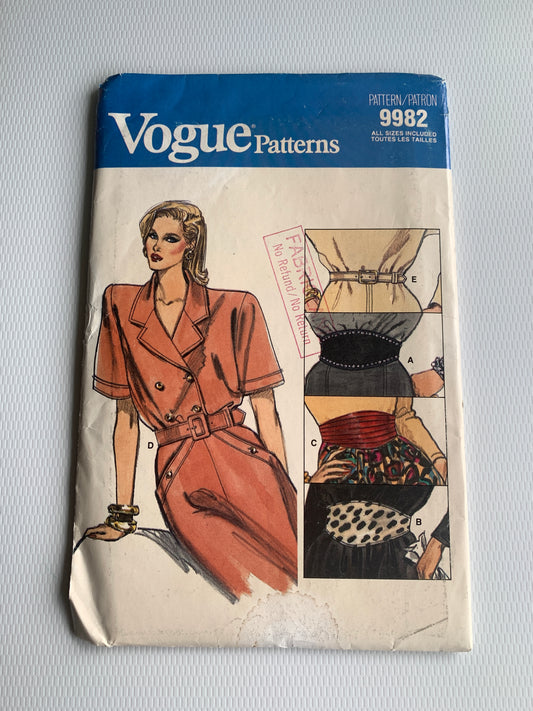 Vogue Sewing Pattern 9982 Misses' Belts, Five Variations, Buckle, Lined, Size 6-18, Uncut, Vintage 1987