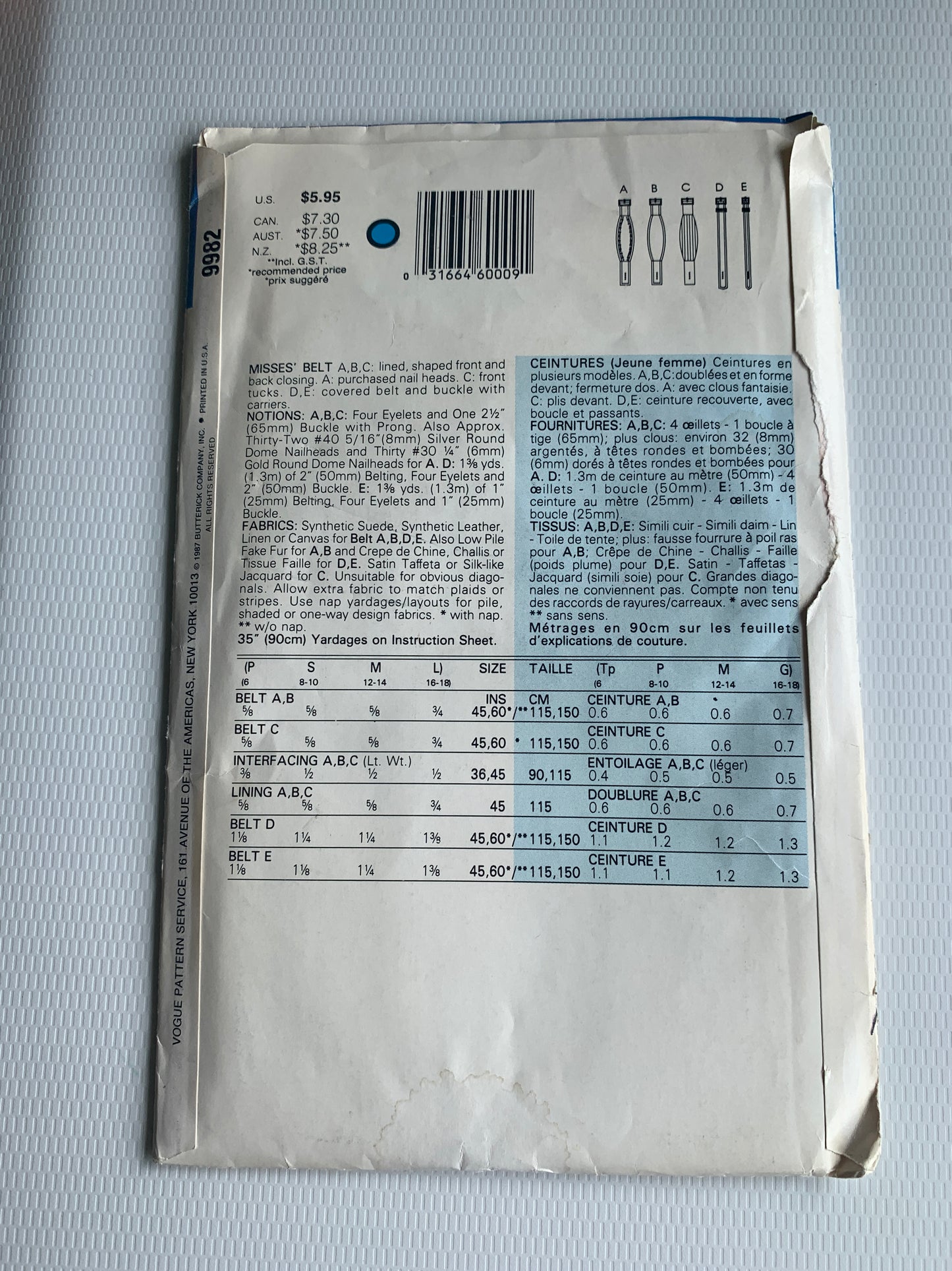 Vogue Sewing Pattern 9982 Misses' Belts, Five Variations, Buckle, Lined, Size 6-18, Uncut, Vintage 1987