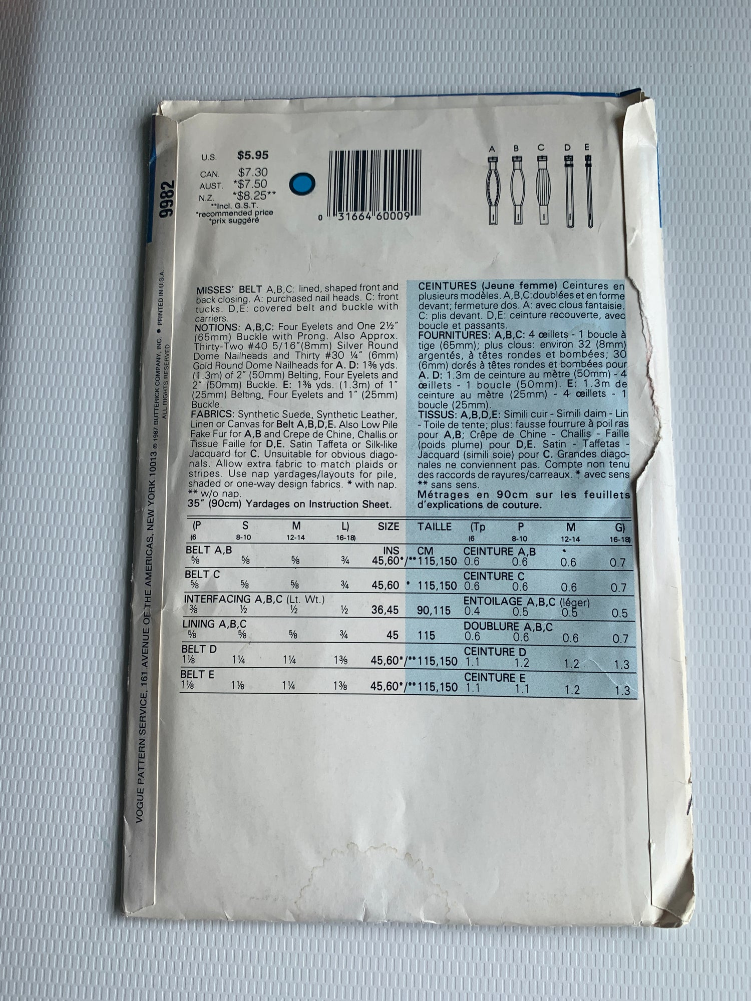 Vogue Sewing Pattern 9982 Misses' Belts, Five Variations, Buckle, Lined, Size 6-18, Uncut, Vintage 1987