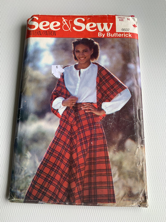 Butterick Sewing Pattern See & Sew 6637 Misses' Skirt, Shawl, Flared, Zipper Back, Triangular, Size 14, Cut, Vintage 1987