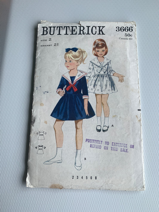 Butterick Sewing Pattern 3364 Girls' One-Piece Dress, Full Skirt, Sailor Collar, Size 2, Cut, Vintage 1976