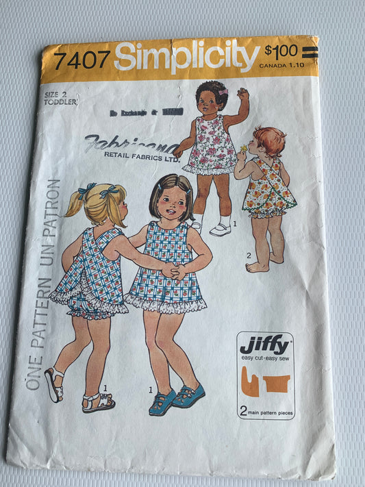 Simplicity Jiffy Sewing Pattern 7407 Toddlers' Dress, Jumper, Bloomers, Sleeveless, Elastic Waist, Size 2, Cut, Vintage 1977