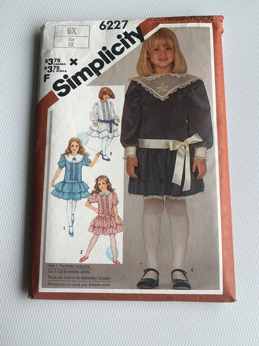 Simplicity Sewing Pattern 6227 Girls' Dresses, Drop Waist, Long/Short Sleeves, Collar, Tiered Skirt, Zipper Back, Size 6X, Cut, Vintage 1983
