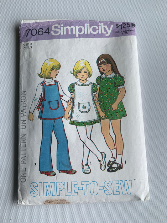 Simplicity Sewing Pattern 7064 Toddlers'/Girls' Dress, Apron, Pants, Size 3, Cut, Vintage 1975