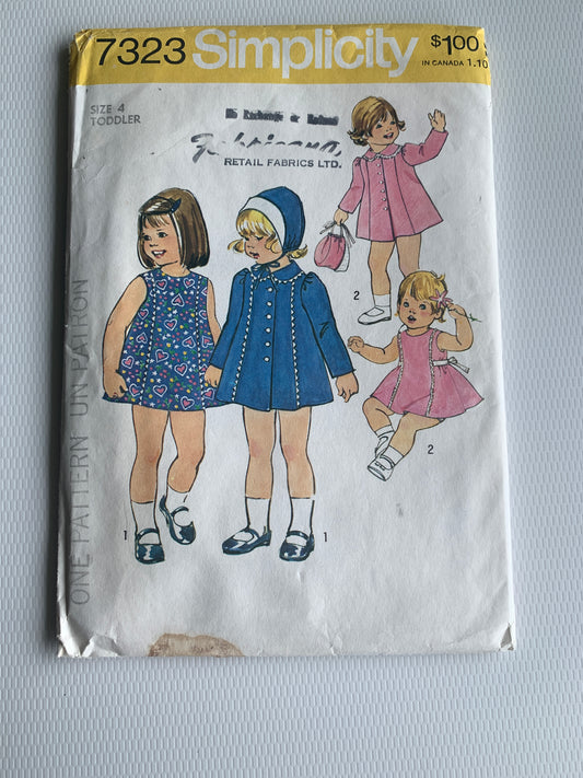 Simplicity Sewing Pattern 7323 Toddlers' Coat, Dress, Hat, Long/Short Sleeves, Sleeveless, Zipper Back, Size 4, Cut, Vintage 1973