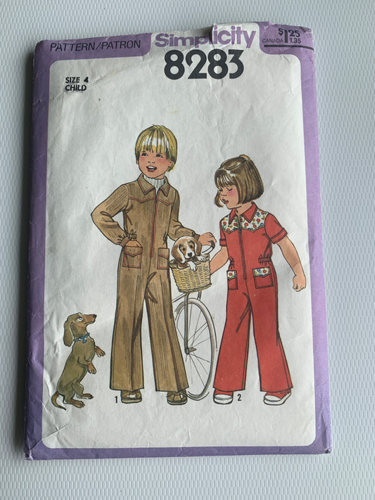 Simplicity Sewing Pattern 8283 Child's Jumpsuit, Front Zipper, Pockets, Size 4, Cut, Vintage 1976
