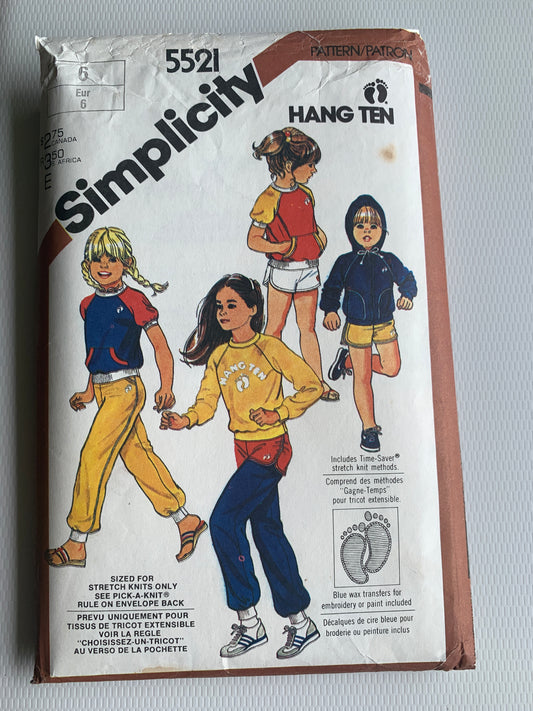 Simplicity Sewing Pattern 5521 Child's Tops, Pull-On Pants, Pockets, Hood, Shorts, Elastic Waist, Size 6, Cut, Vintage 1982
