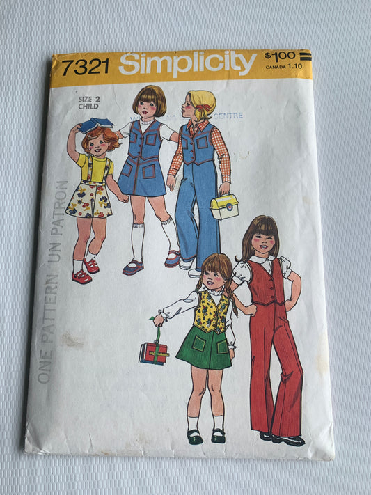 Simplicity 7321 Child's Vest, Skirt, Pants, Detachable Suspenders, Size 2, Cut, Vintage 1975