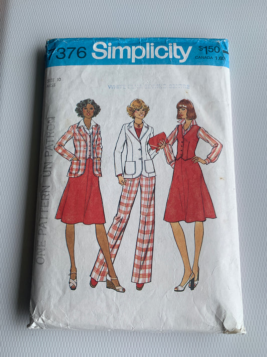Simplicity Sewing Pattern 7376 Misses' Unlined Jacket, Vest, Skirt, Pants, Zipper Back, Princess Seams, Size 10, Cut, 1976