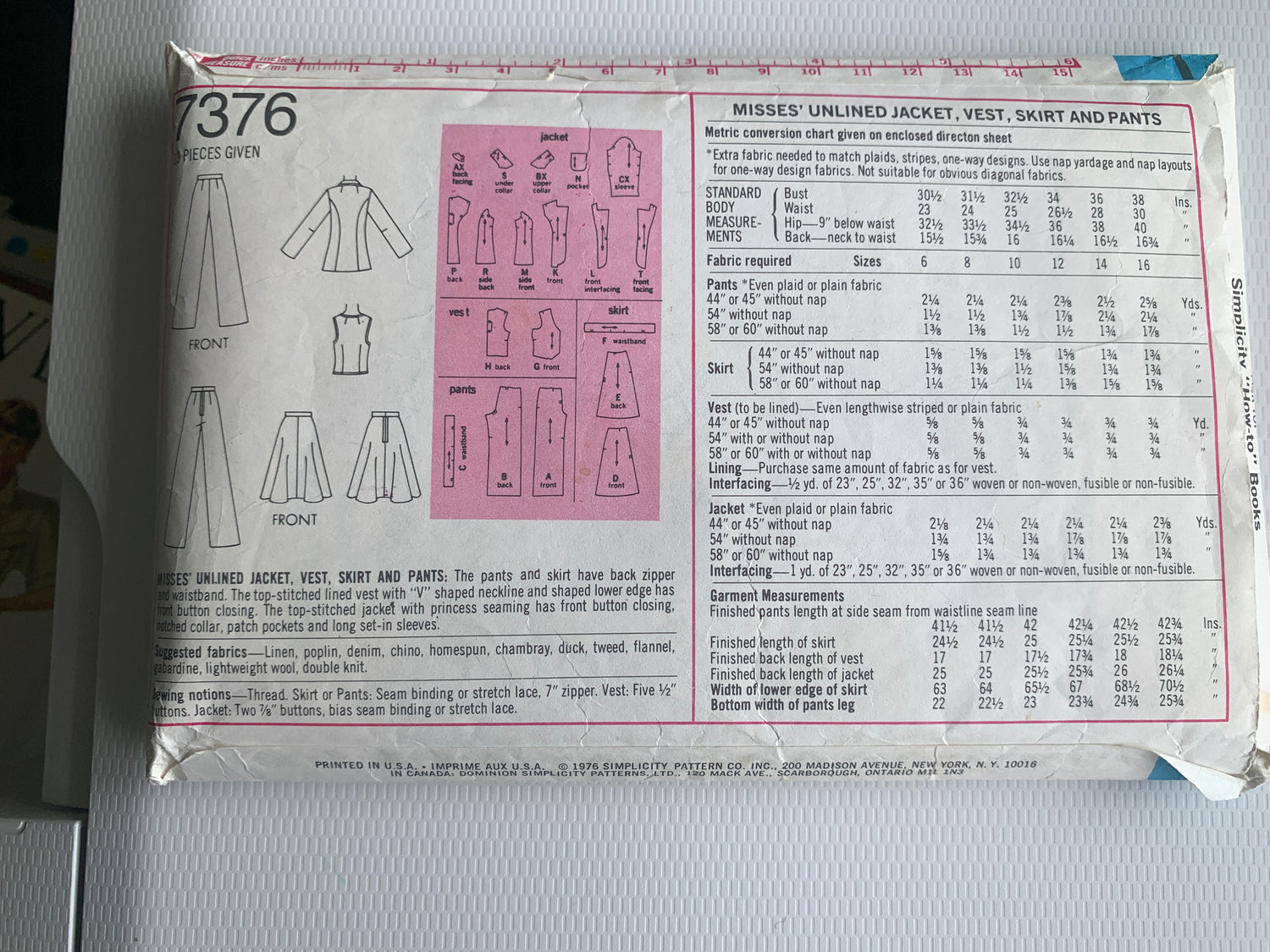Simplicity Sewing Pattern 7376 Misses' Unlined Jacket, Vest, Skirt, Pants, Zipper Back, Princess Seams, Size 10, Cut, 1976