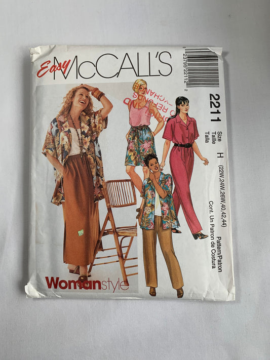 McCall's Sewing Pattern 2211 Women's Shirt, Top, Pull-On Pants, Shorts, Skirt, Size 22W-26W,, Uncut, Vintage 1999