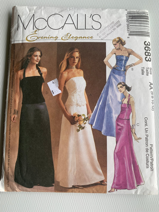 McCall's Sewing Pattern 3683 Misses'/Miss Petite Lined Tops, Skirt, Zipper, Floor Length, Evening Gown, Close Fitting, Straps, Size 6-12, Cut, 2002