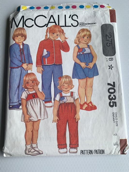 McCall's Sewing Pattern 7035 Girls' Jacket, Jumper, Sundress, Overalls, Appliques, Shoulder Straps, Size 2, Cut, Vintage 1980 