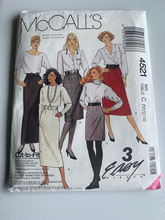 McCall's Sewing Pattern 4521 Misses' Skirt,Straight, Zipper Back, 5 Lengths, Slit, Size 10-14, Cut, Vintage 1987