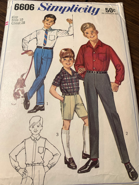 Simplicity Sewing Pattern 6606 Boys' Shirt, Pants, Shorts, Fly Zipper, Pockets, Size 10, Uncut, Vintage 1966