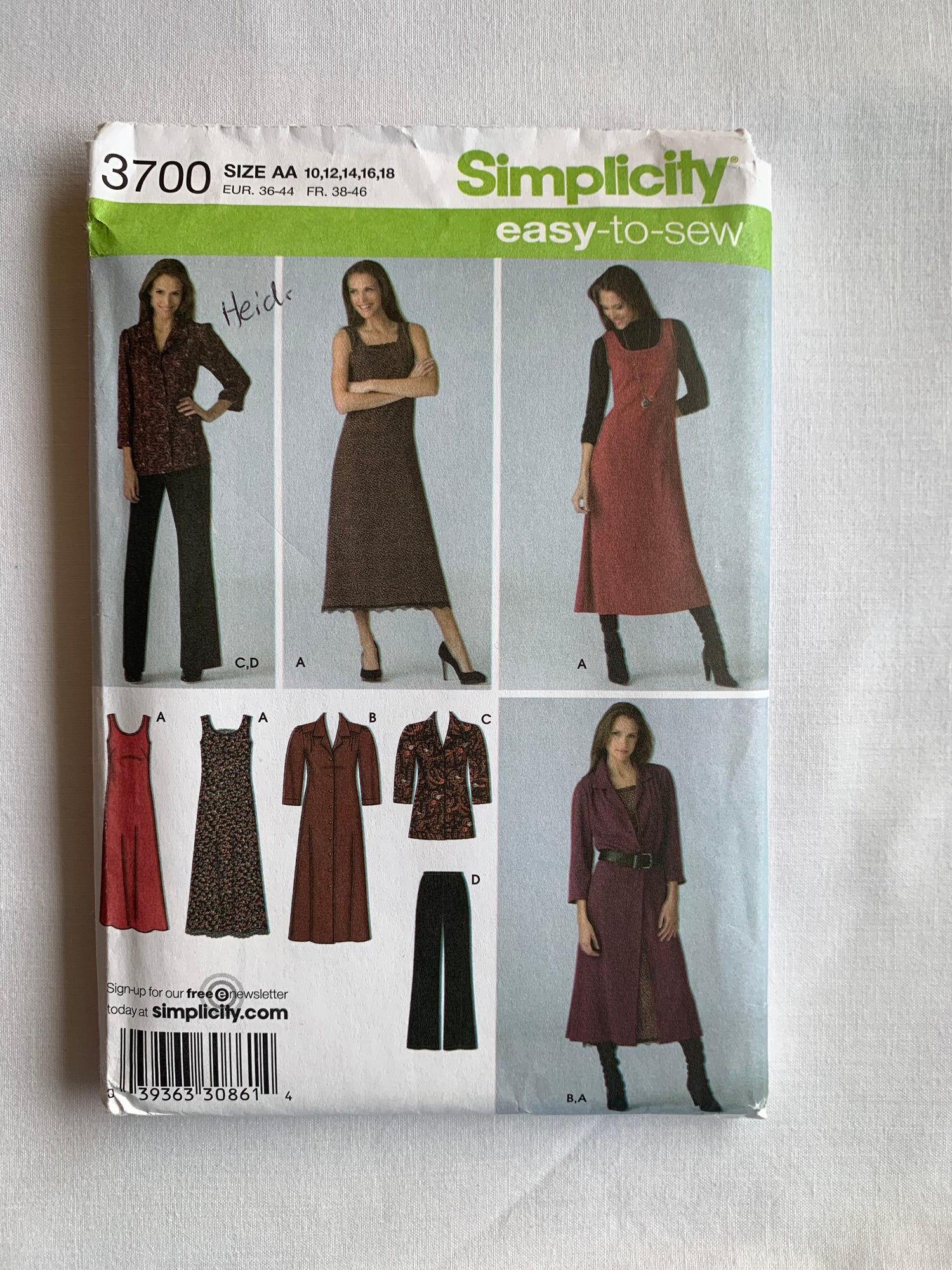 Simplicity Sewing Pattern 3700 Misses' Pants, Dress, Jumper, Shirt Dress, Tunic, Long Sleeves, Sleeveless, Two Lengths, Size 10-18, Uncut, 2007