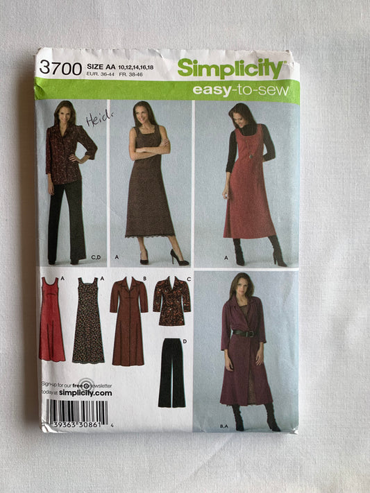 Simplicity Sewing Pattern 3700 Misses' Pants, Dress, Jumper, Shirt Dress, Tunic, Long Sleeves, Sleeveless, Two Lengths, Size 10-18, Uncut, 2007