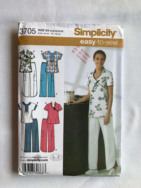 Simplicity Sewing Pattern 3705 Misses' Hospital Scrubs, Top Pants, Button Front, Pockets, Short Sleeves, Pockets, Tie Belt, Elastic Waist, Size 8-16, Uncut, 2007