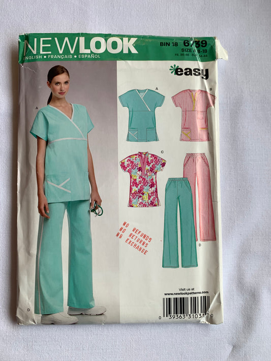 Simplicity New Look Sewing Pattern 6739 Medical Hospital Scrubs, Top, Shirt, Pants, Pockets, Pullover, Short Sleeves, Elastic Waist, Size 8-182, Uncut, 2007