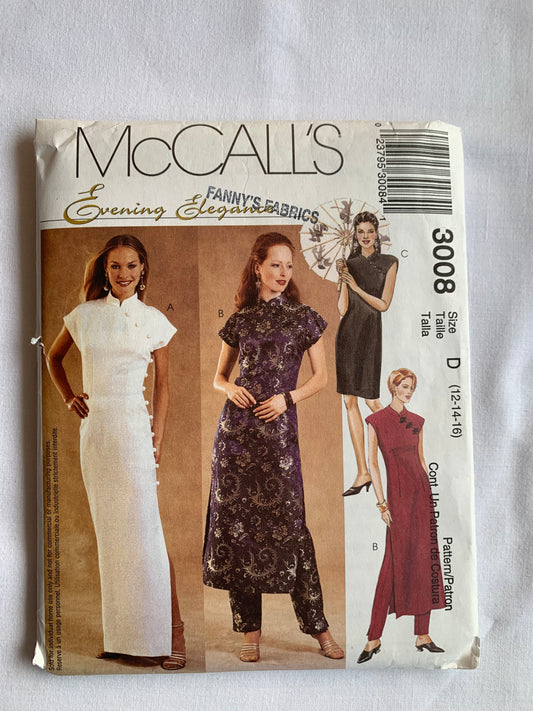McCall's Sewing Pattern 3008 Misses'/Miss Petite Dress, 3 Lengths, Semi-Fitted, Mandarin, Collar, Frog Front, Zipper Back, Size 12-16 Uncut, 2000