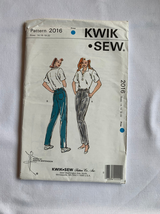 KWIK Sewing Pattern 2016 Misses' Pants, Jeans, Fly Zipper, Belt Carriers, Pockets, Tapered Leg,, Size 6-14, Uncut, Vintage 1984