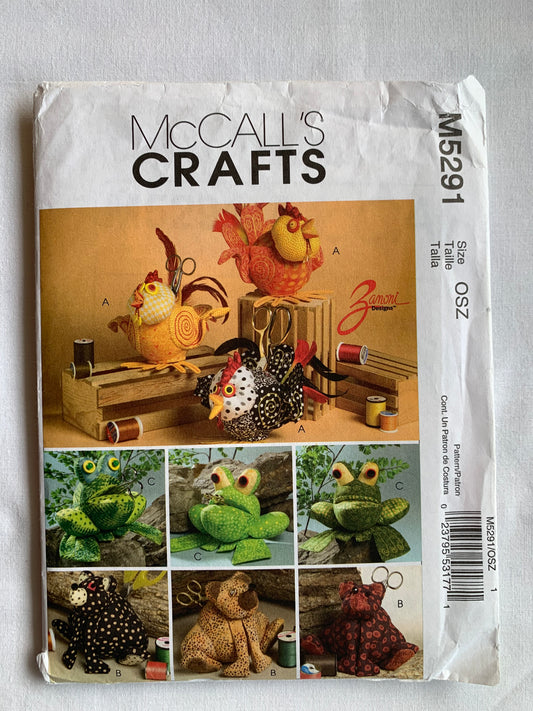 McCall's Sewing Pattern M5291 Crafts, Animal Sewing Caddies: Chicken, Bear, Frog, Pockets, 3 Variations, Uncut, 2006