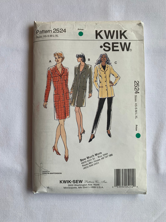 KWIK Sewing Pattern 2524 Misses' Coat Dress, Jacket, Lined, Semi-Fitted, Princess Seams, Shoulder Pads, Button Front, Size XS-XL, Uncut, Vintage 1996