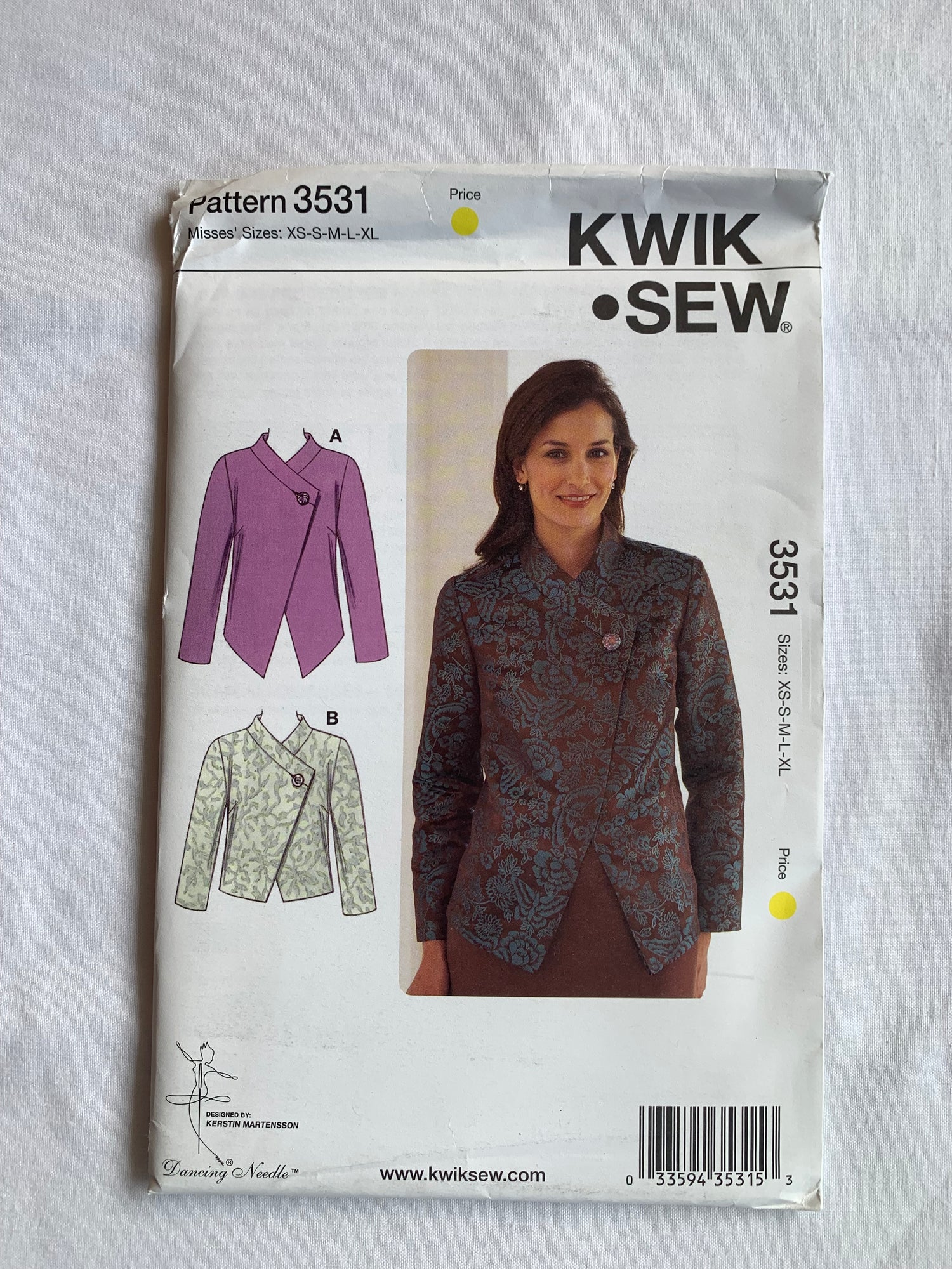 Kwik Sewing Pattern 3531 Misses' Jackets, Pockets, Button Front, Long Sleeves, Overlaps, Size XS-XL, Uncut, 2008