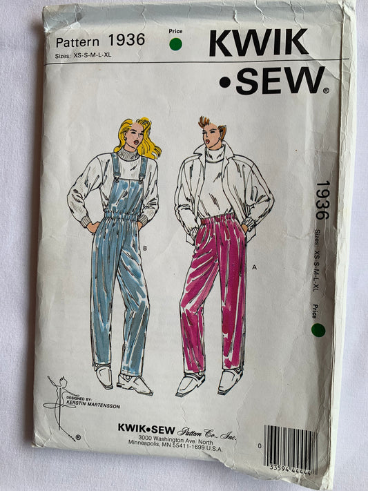 KWIK Sewing Pattern 1936 Misses' Rain/Ski Pants, Elastic Waist, Zipper Back, Pockets, Shoulder Straps, Size XS-XL, Uncut Vintage 1989