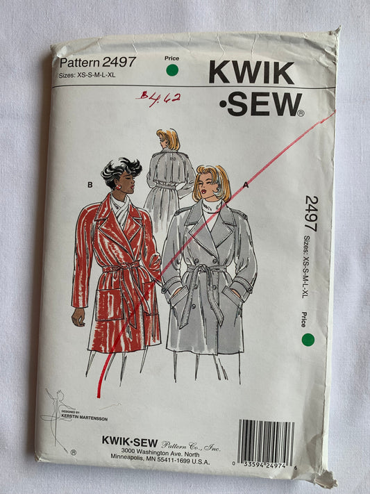 Kwik Sewing Pattern 2497 Misses' Jackets, Coat, Pockets, Button Front, Long Raglan Sleeves, Unlined, Double Breasted, Size XS -XL, Uncut, Vintage 1995
