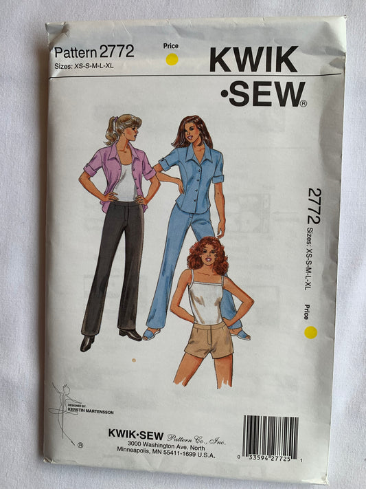 Kwik Sewing Pattern 2772 Misses' Pants, Short & Shirt, Fitted, Zipper, Low Cut Waist, Short Sleeves, Darts, Button Front, Size XS-XL, Uncut, Vintage 1999