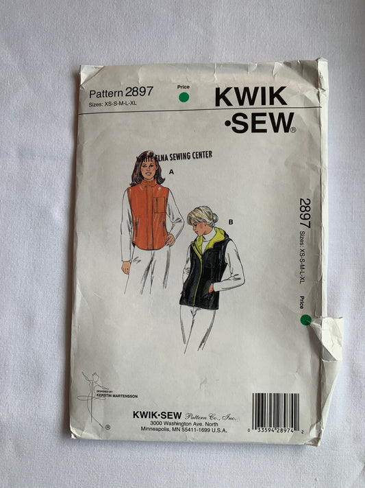 KWIK Sewing Pattern2897 Misses' Vest, Collar, Pockets, Long Back, Lining, Zipper, Teens, Sleeveless, Hood, Size XS-XL, Uncut, 2000