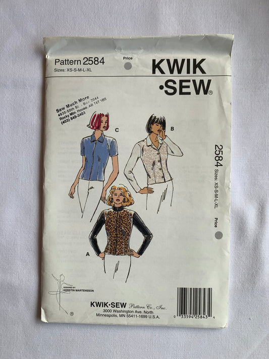 KWIK Sewing Pattern 2584 Misses' Tops, Fitted, Collar, Button/Zipper Front, Long/Short Sleeves, Size XS-XL, Uncut, Vintage 1996