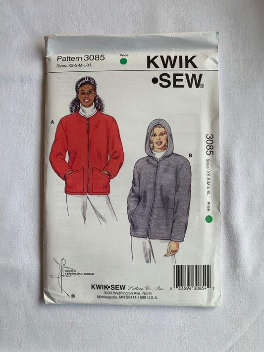KWIK Sewing Pattern 3085 Misses' Jackets, Unlined, Long Sleeves, Pockets, Zipper Front, Drawstring, Hood, Uncut, 2002