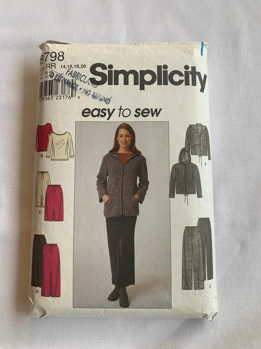 Simplicity Sewing Pattern 8798 Misses' Knit Jacket, Pants, Top, Skirt, Zipper Front, Long Sleeves, Pockets, Elastic Waist, Hood, Size 14, Cut, Vintage 1999