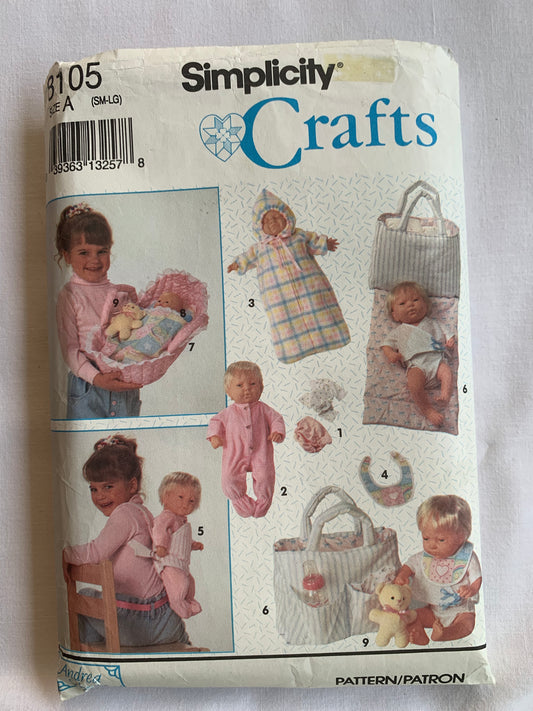 Simplicity Sewing Pattern 8105 Doll Clothes, Crafts, Three Sizes, 12"-22", Bunting, Shirt, Diaper, Bib, Carrier, Bassinet, Blanket, Pillow, Toy Bear, Cut, Vintage 1992