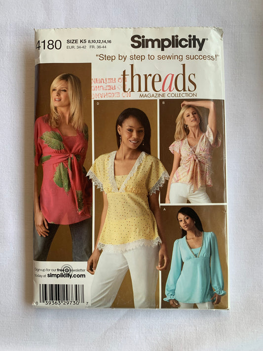 Simplicity Sewing Pattern 4180 Misses' Tunic, Top, Pullover, Long/Short Sleeves, Tie Back, Size 8-12, Cut, 2006